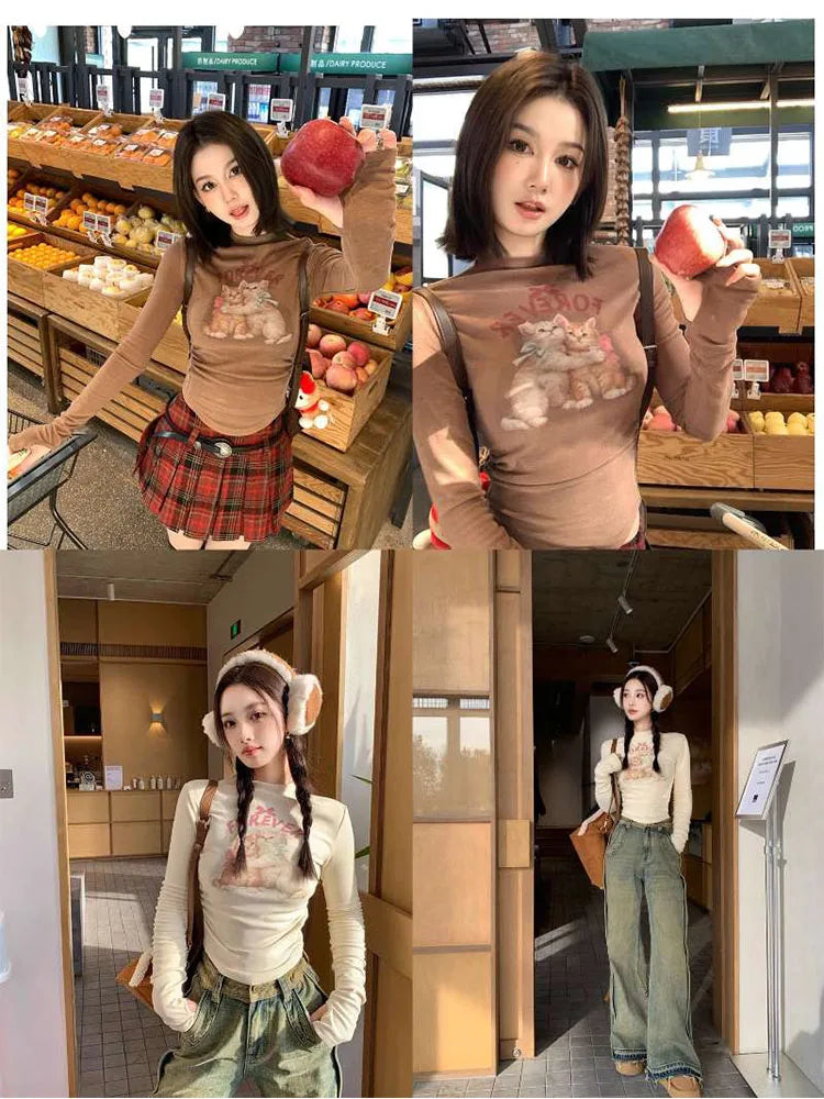 Autumn Women Maillard Gyaru Graphic Stretch Crop Top Long Sleeve T-Shirts 2000s Aesthetic Vintage Tees Y2k Cottage Core Grunge