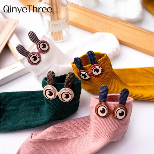 New Women's Spring Summer Cartoon 3D Big Eyes Rabbit Eared Short Tube Socks Novelty Funny Soft Cotton Ankle Sokken Gift