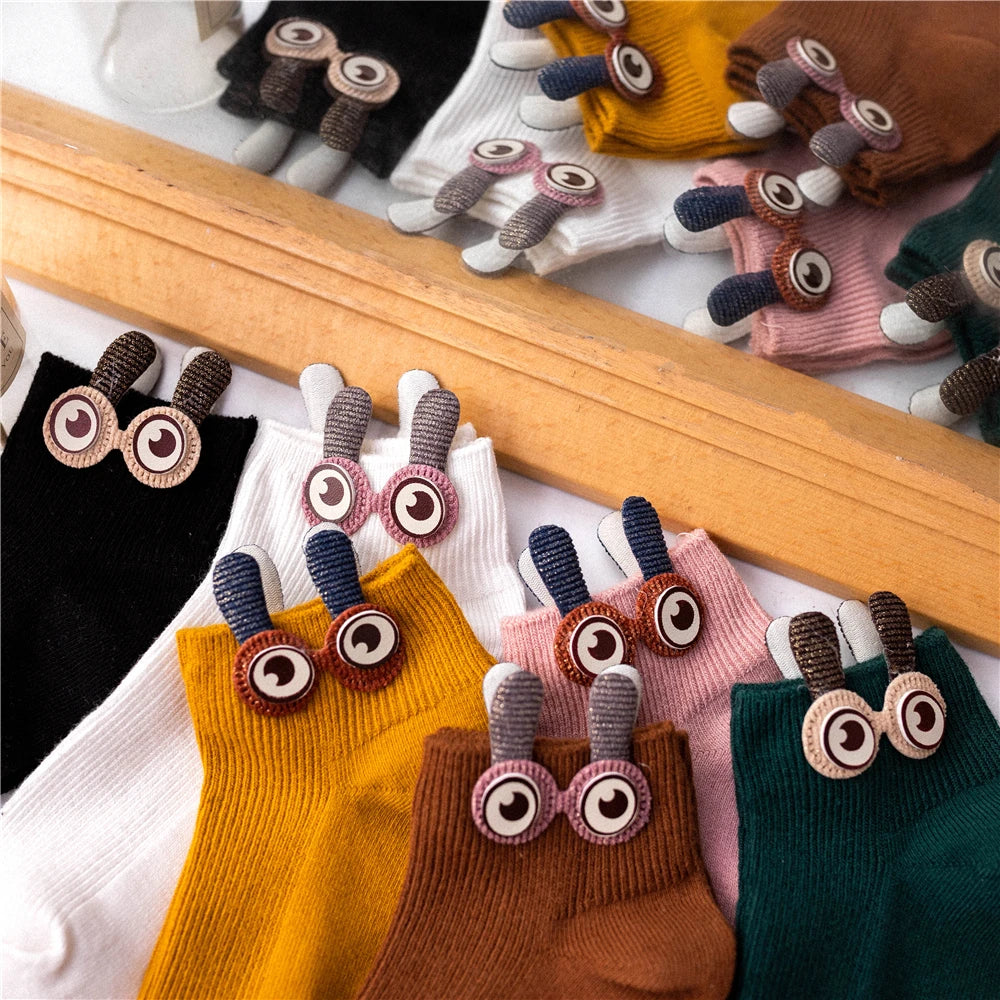 New Women's Spring Summer Cartoon 3D Big Eyes Rabbit Eared Short Tube Socks Novelty Funny Soft Cotton Ankle Sokken Gift