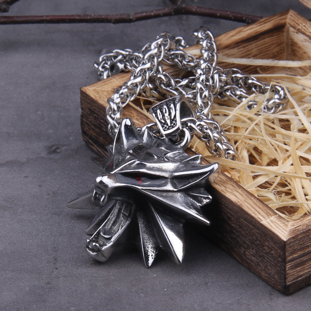 Stainless Steel The Witcher jewelry Wizard 3 Wild Hunt Game pendant necklace Geralt  wolf head necklace with wooden box