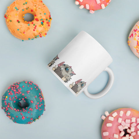 Inosuke rock fingers Demon Slayer White glossy mug